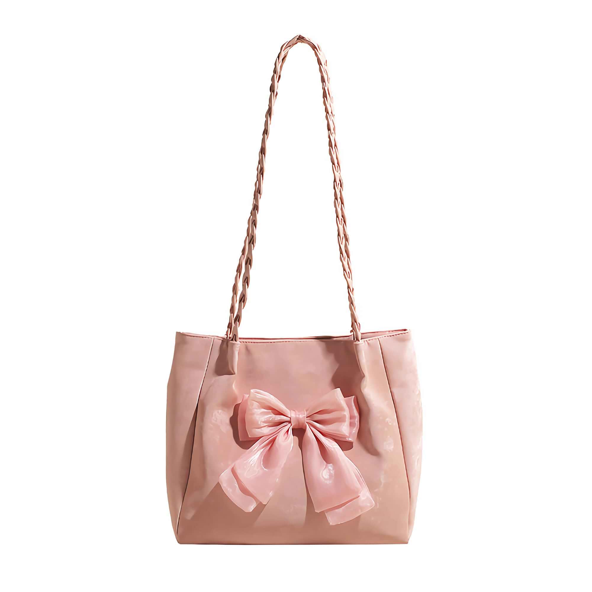 Women's Aesthetic Everyday Cute Kawaii Bow Detail, Tote Bag, Soft Pink, 11.0 x 10.2 x 3.9 Inches,Braided Handle, Patent Leather, 2.5L Capacity