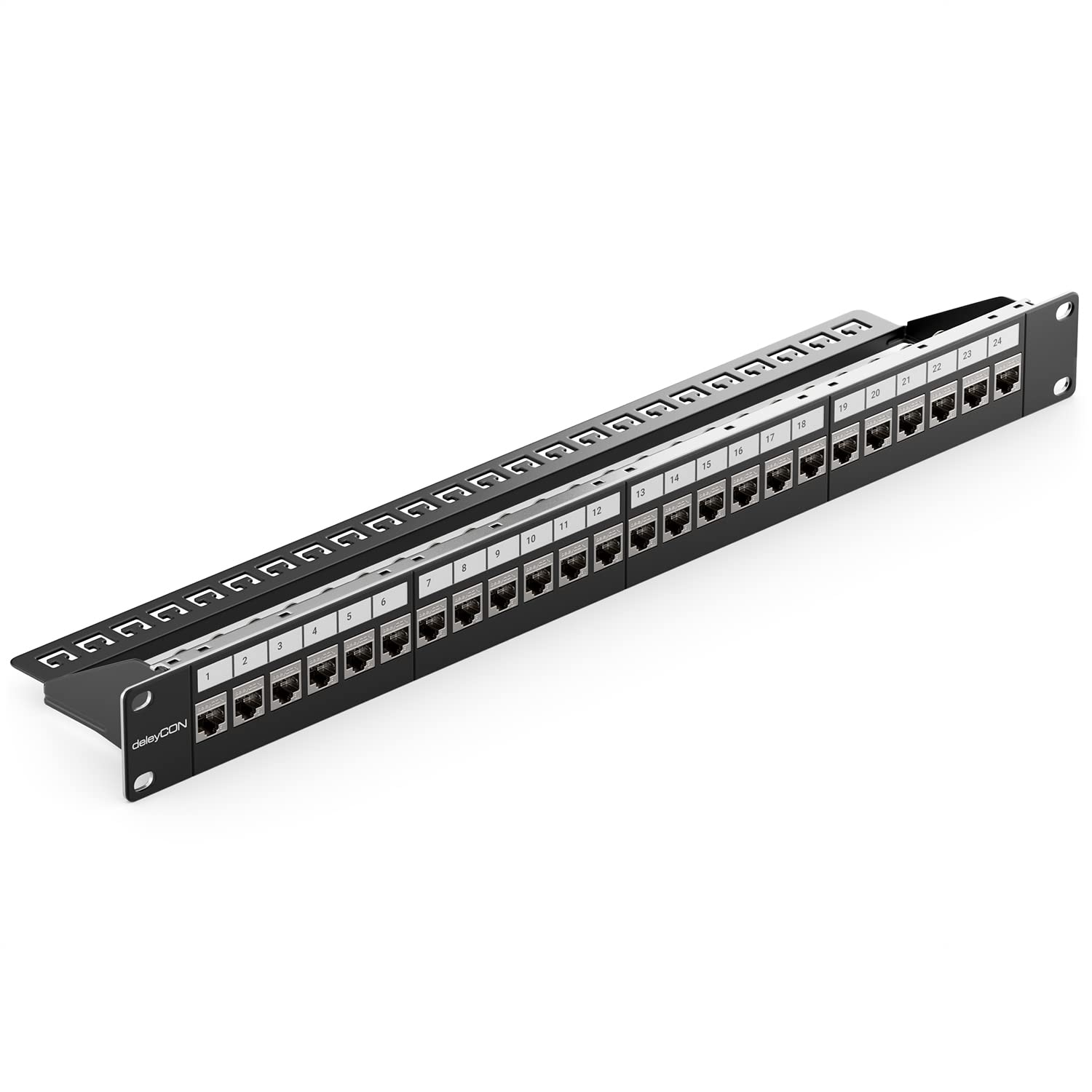 deleyCON 24 Porto Pannello Delle Patch Set Modulare 1 IU 19" Pollici Montaggio Rack + 24x RJ45 Keystone Moduli CAT6a Compatibile con CAT5 CAT6 CAT7 LAN Cavi di Rete Cavi di Posa Nero