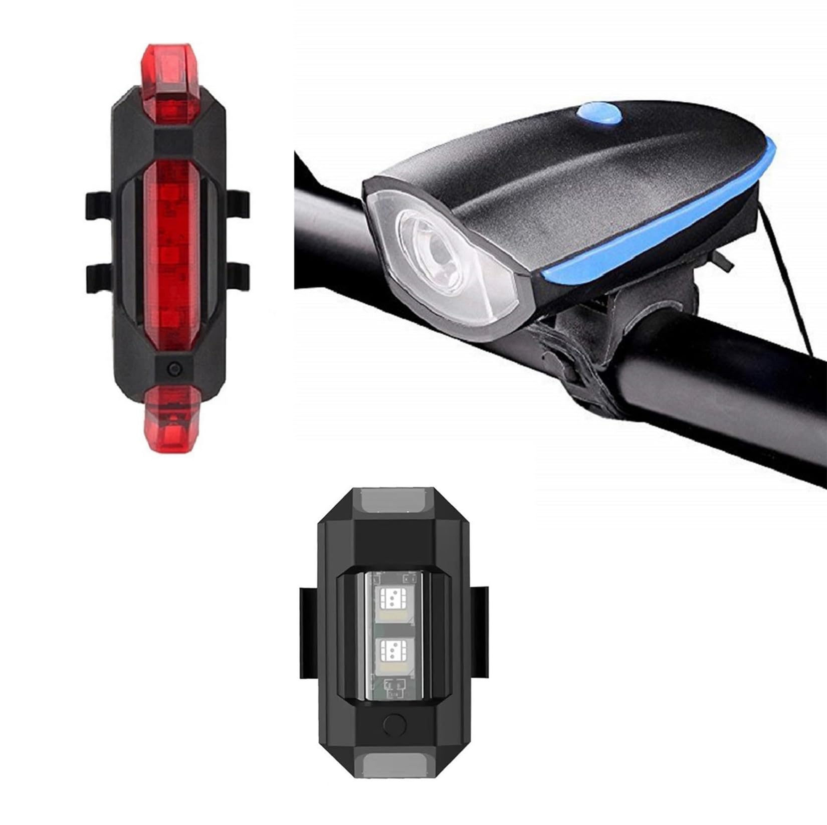 Kaashnic Rechargeable Premium Cycle Front, Rear & Helmet Light and with Horn Waterproof Cycle Light Multicolor