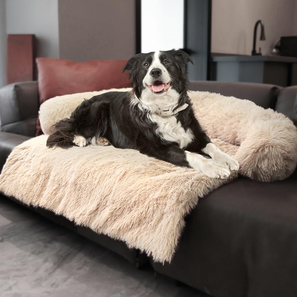 Calming Dogs/Cats Bed Mats, Dog Pad Washable Removable Couch Cover, Plush Long Fur Mat for Pets, Waterproof, Perfect for Small, Medium and Large Dogs and Cats (Beige, 53"x39.3"x 5.0")