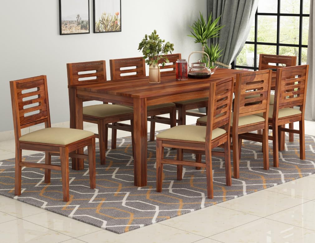 woody furniture™ sheesham wood 8 seater dining table set with 8 cushioned chair for living room wooden dining room sets for home kitchen modern furniture (honey finish)