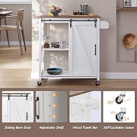 Vista 4 de Carrito de isla de cocina con ruedas con puerta corrediza de granero para espacios pequeños, isla de cocina rodante con almacenamiento, encimera