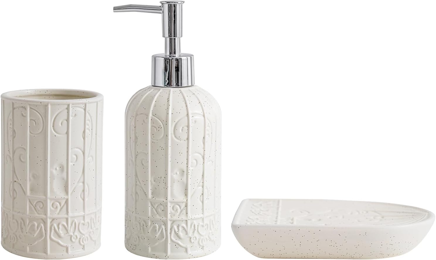 White Bathroom Accessories Set, Ceramic Bathroom Accessories Set with Soap Dispenser, Toothbrush Holder and Soap Dish, Birdcage Design Perfect Modern Bathroom Decor (White and Beige)