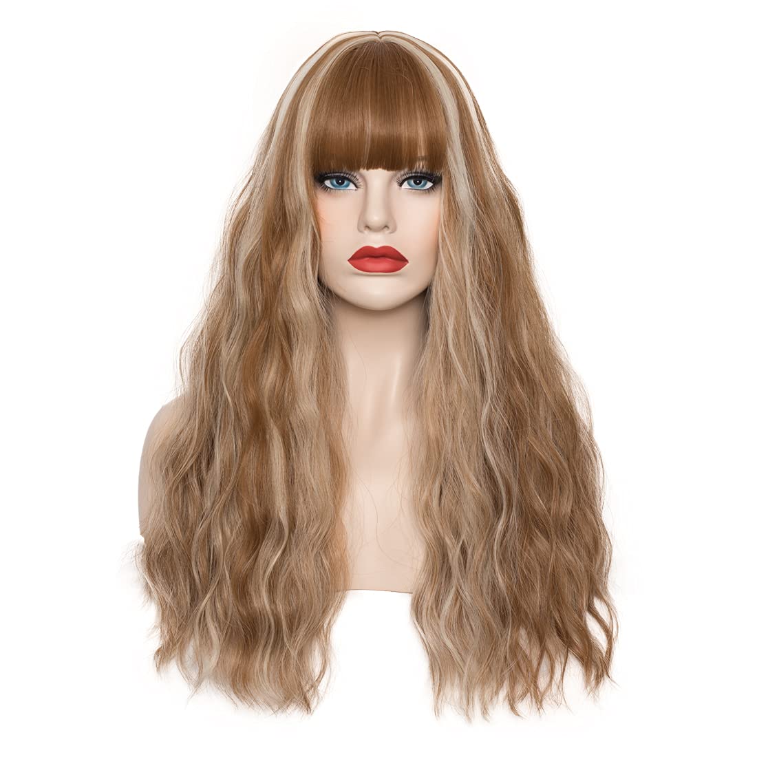 WGPFWIG Women's Brown Mixed Blonde Wig 22''Long Curly Wavy Wig Shoulder Length Flat Bangs Wig For Women Girl Cosplay Party Halloween Wig Cap Included (22''Brown Mixed Blonde)