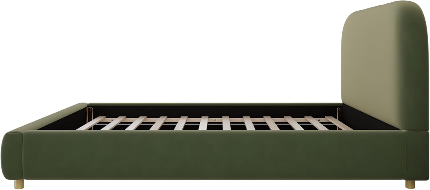 Merax Queen Size Velvet Fabric Upholstered Platform Bed with Curved Shaped Headboard, Wood Bed Frame with Solid Round Legs for Kids Teens Adults, Olive Green