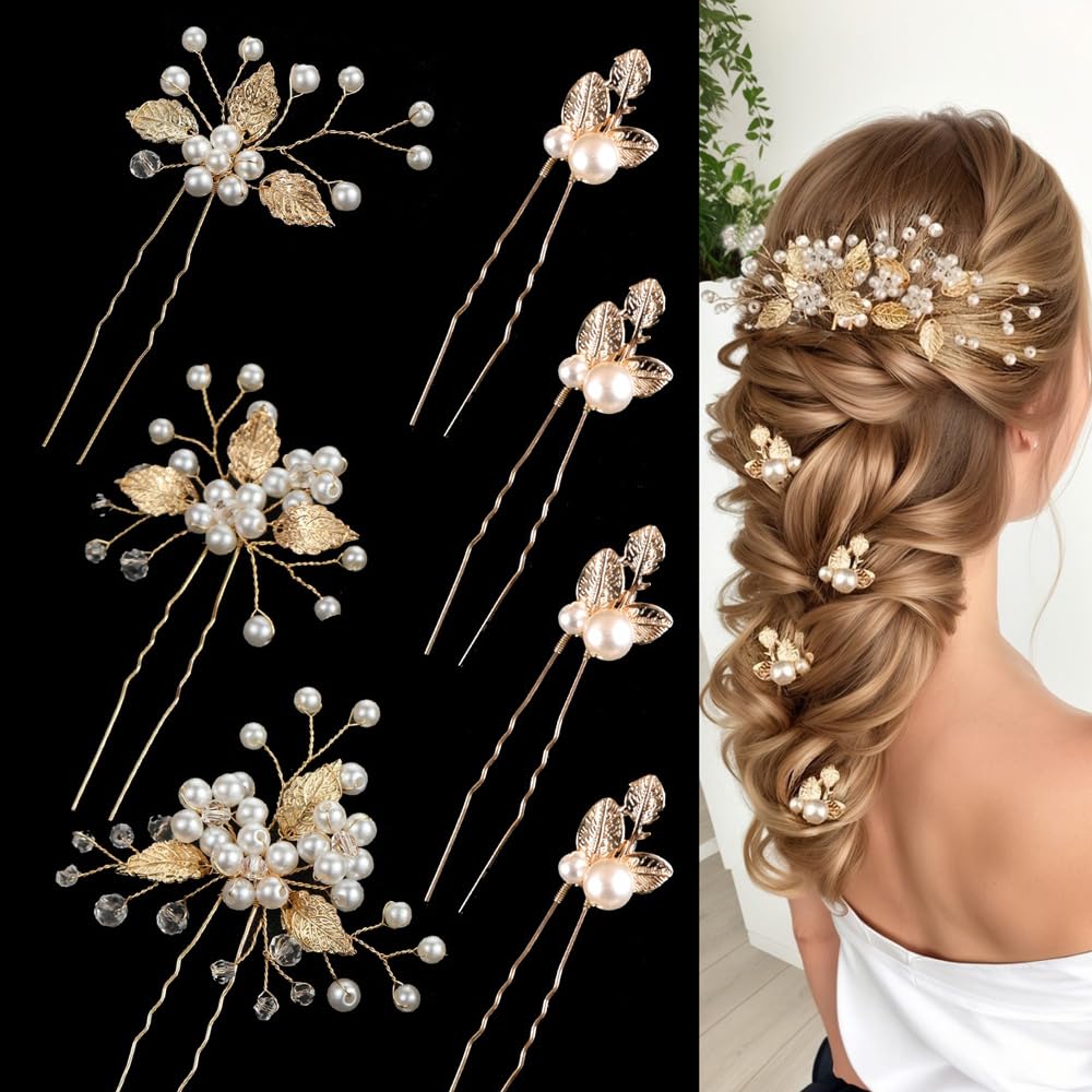 7 Pezzi Forcine Capelli Sposa Foglie Accessori Sposa Capelli Gioielli con Cristalli e Perle Accessori Nuziali a Forma Di U per Damigelle e Donne (Oro)