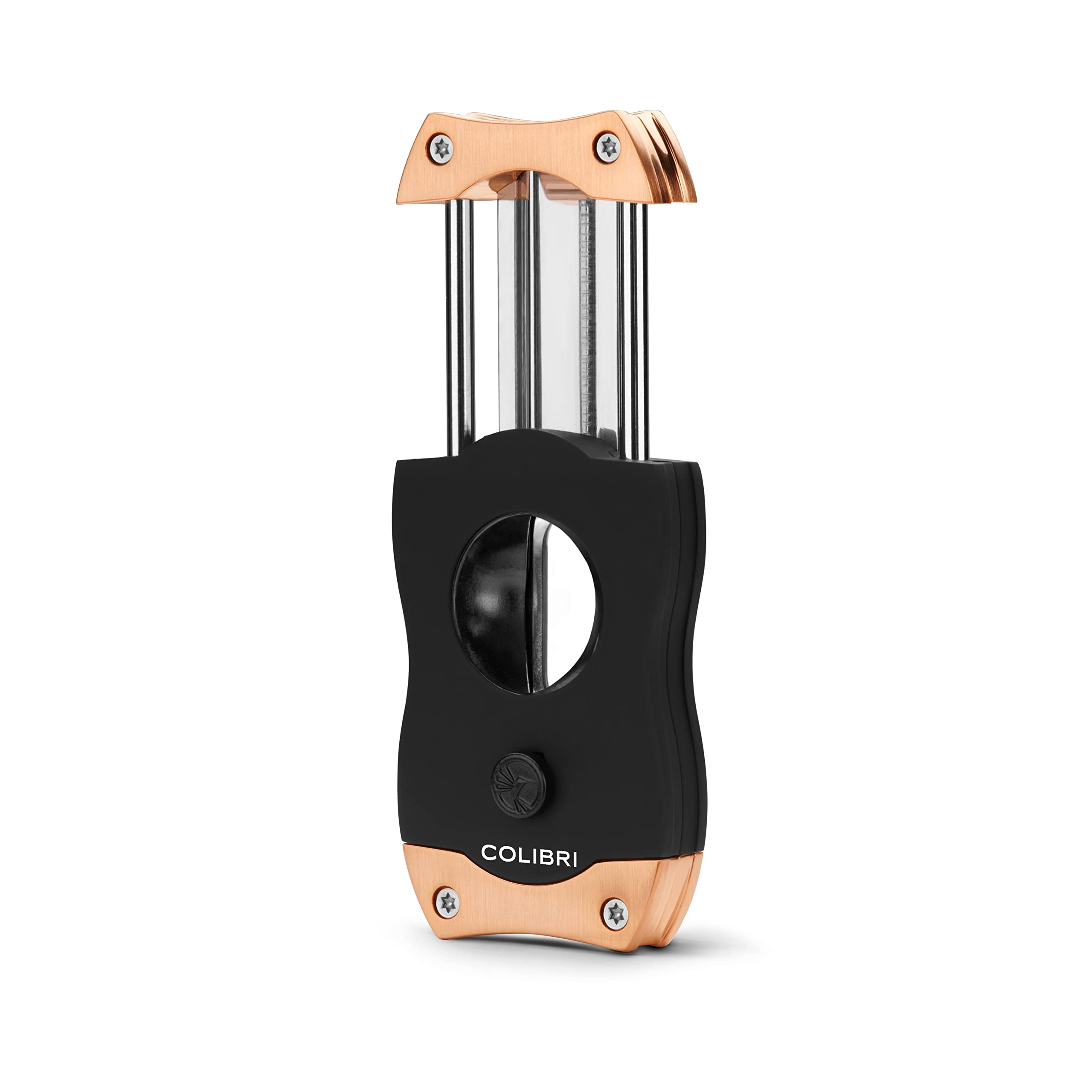 Colibri-Cortapuros negro con detalles en oro rosado satinados en acero inoxidable-guillotina resorte-Cigarros de hasta diámetro 2,38cm-Corte en V profundo 7mm-Con estuche de regalo.Colibri desde 1928