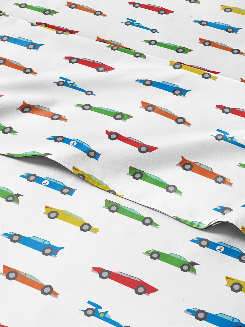 Kids Full Size Car Bed Sheets - 4 Piece Cars Sheet Set - Racing Themed Bedding - Ultra-Soft, Cute & Cozy - Breathable and Machine Washable - Cartoon Racing Bed Set for Boys, Girls, Teens & Toddlers