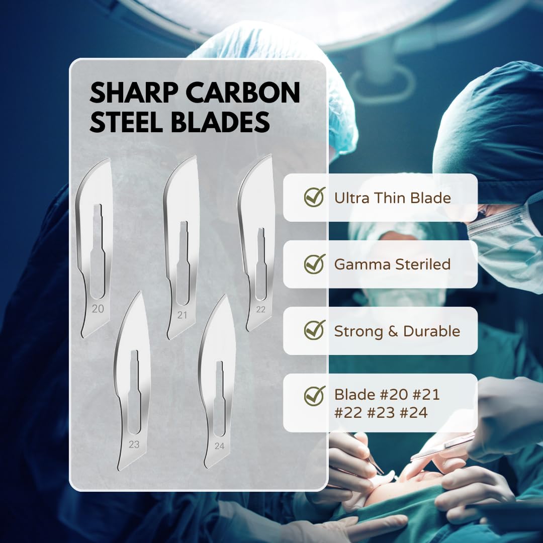 IMEDS Carbon Steel Sharp Blades Sterile Assorted Pack of 50 Pcs with Stainless Steel Scalpel Handle Graduated #4 All-in-One Kit to Make Finest Precision Cuts Multi-Function Scientific Lab Supplies