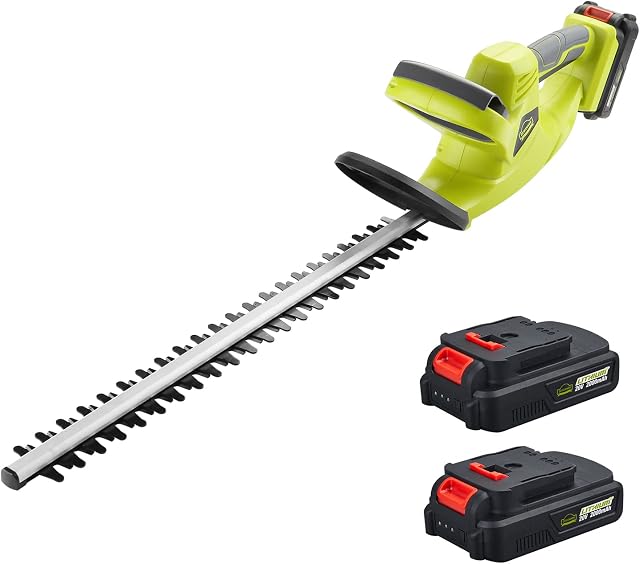 Cordless Hedge Trimmer with Cover, DEWINNER 20V 2*2000mAh Lithium ion Battery, Electric Cutter, 65CM Blade, Cutting Length 51cm, 16 mm Tooth Opening Capacity, 1Hr Fast Charger.