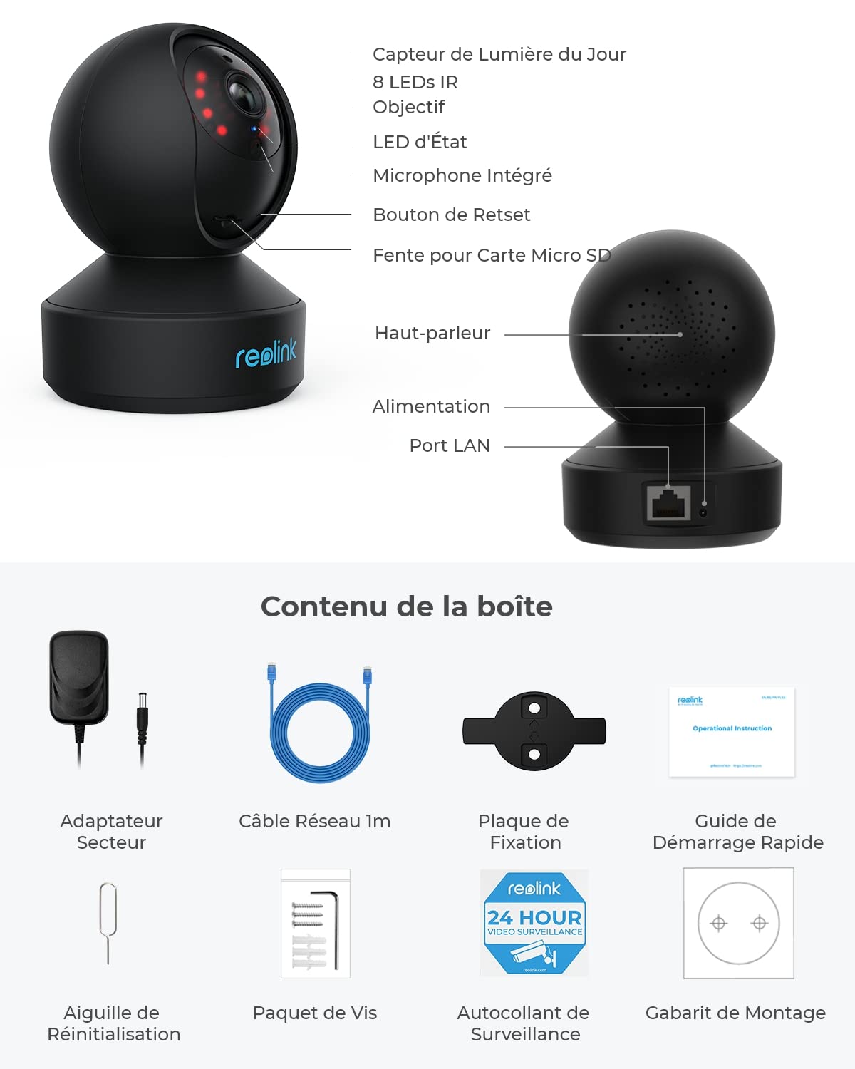 Reolink 4MP Caméra de Surveillance WiFi 2.4G/5GHz, Caméra IP Pan&Tilt, Caméra Bébé, Audio Bidirectionnel, IR Vision Nocturne avec Fente pour Carte SD, Cloud, E1 Pro Noire (Reconditionné)