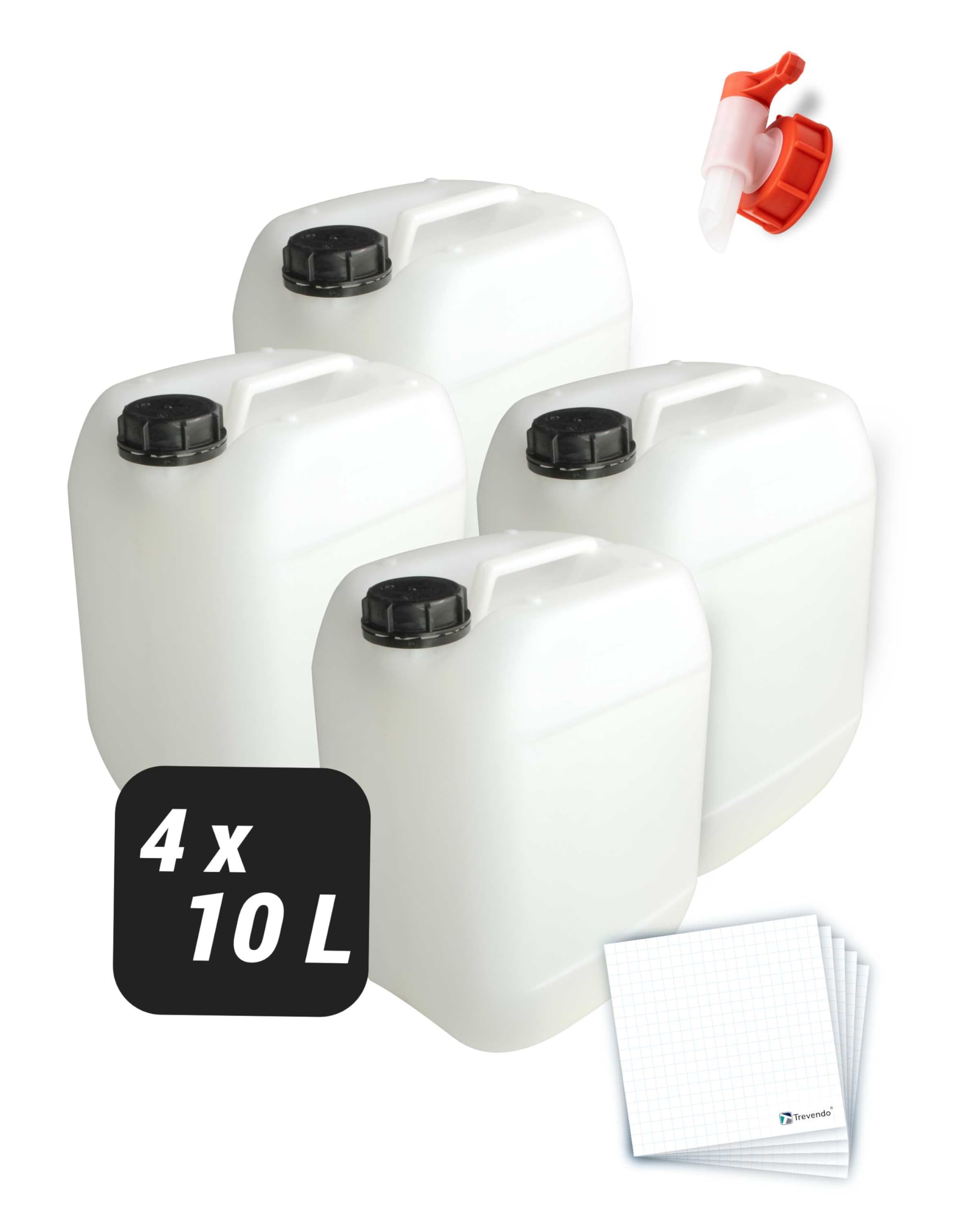 Trevendo 4er-Set Wasserkanister - Leerkanister - Kunststoffkanister - lebensmittelecht & BPA-frei - inkl. Auslaufhahn & Schraubverschluss & Beschriftungsetiketten