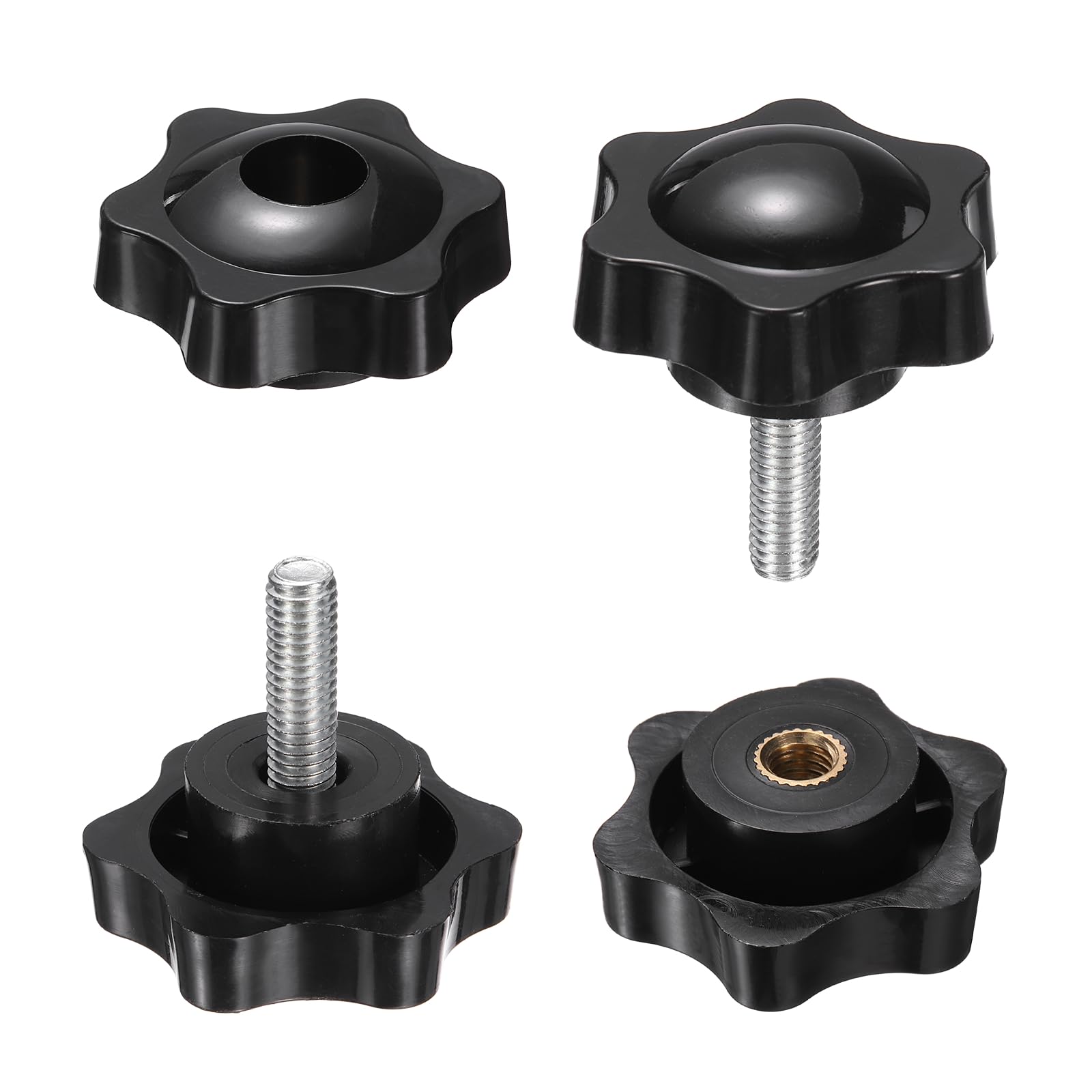 sourcing map 2 Set Star Knobs M6 x 16mm Male + M6 Female Thread 38mm Head Metric 6-Star Threaded Stud Clamping Handles Screw in Through Hole Hand Jig Knob Thumb Screws, Black