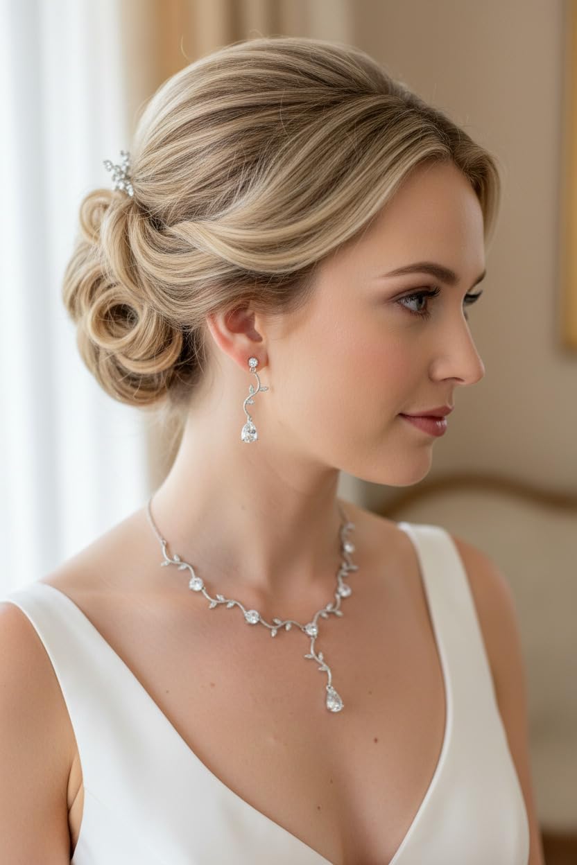 Silber Zirkonia Schmuckset Halskette und Ohrringe Florales Tropfen Design Strass Brautschmuck Collier Armband Hochzeit Kommunion Abiball
