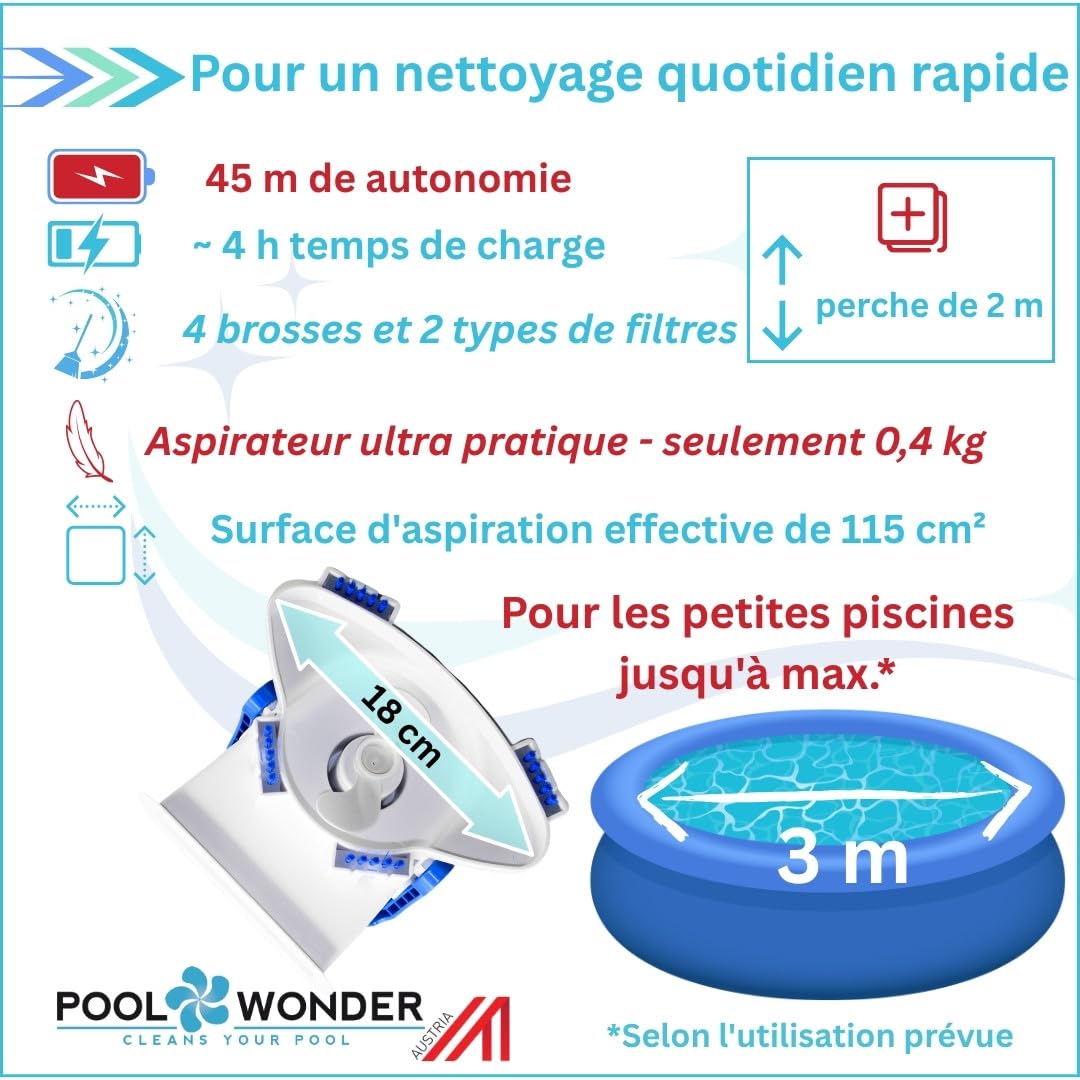 Poolwonder Cleverix Aspirateur pour Piscine à Batterie - Nettoyeur de Piscine Super Pratique Fabriqué en Autriche avec Poteau de Kit de Démarrage de 2 m