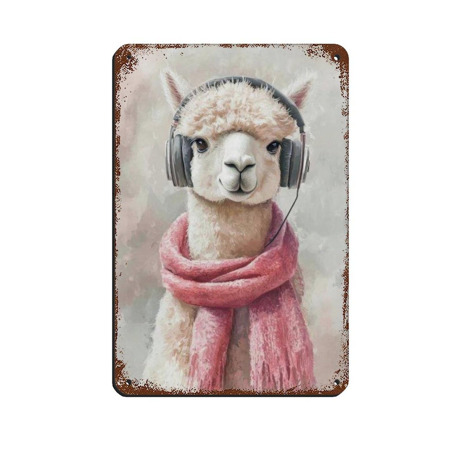 Lxwnze 20L X 30W Cm Cute Llama, Alpaca With Headphones Retro Poster Metal Tin Sign Chic Art Retro Iron Painting Bar People Cave Cafe Family Garage Poster Wall Decoration 8X12inch(20X30cm)