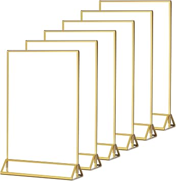 6 Pack Acrylic Sign Holders 5x7 Clear Picture Frames with Gold Borders Double Sided Menu Holder Table Number for wedding , Photo, or Any Literature 5x7 inch