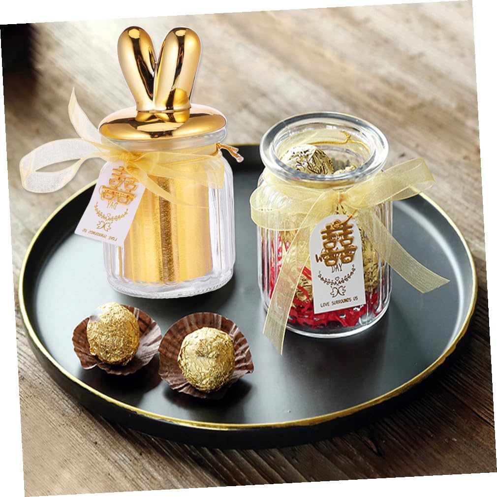 Glass Candy Jar with Ceramic Bunny Ear Lid, Sealed Gold-Trimmed Candy Storage Bottle for Wedding Favors and Party Snacks