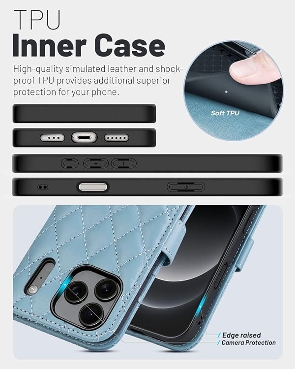 OCASE Compatible with iPhone 17 Pro Wallet Case, PU Leather Flip Folio Case with Card Holders RFID Blocking Kickstand [Shockproof TPU Inner Shell] Phone Cover 6.3 Inch 2025, Diamond Check Blue by OCASE - Image 5