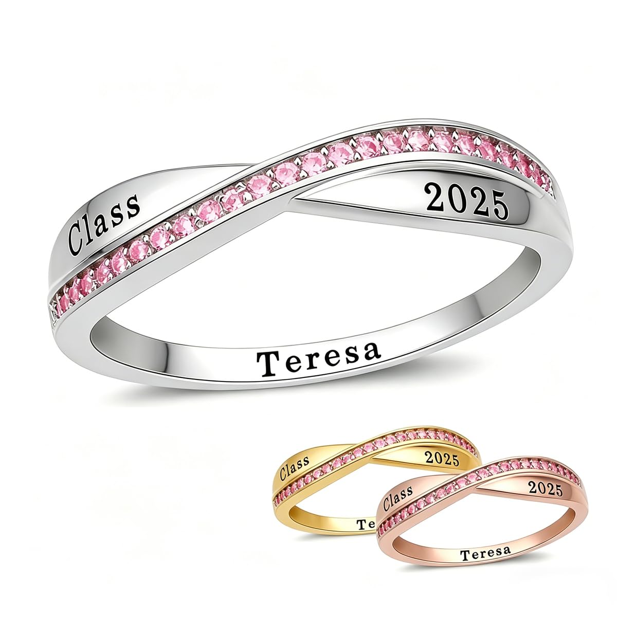 Personalized High School Class Ring for Women - Custom School Logo & Graduation Year, Cubic Zirconia Stone, 925 Silver, Size 5-13 Belt Knot - Silver