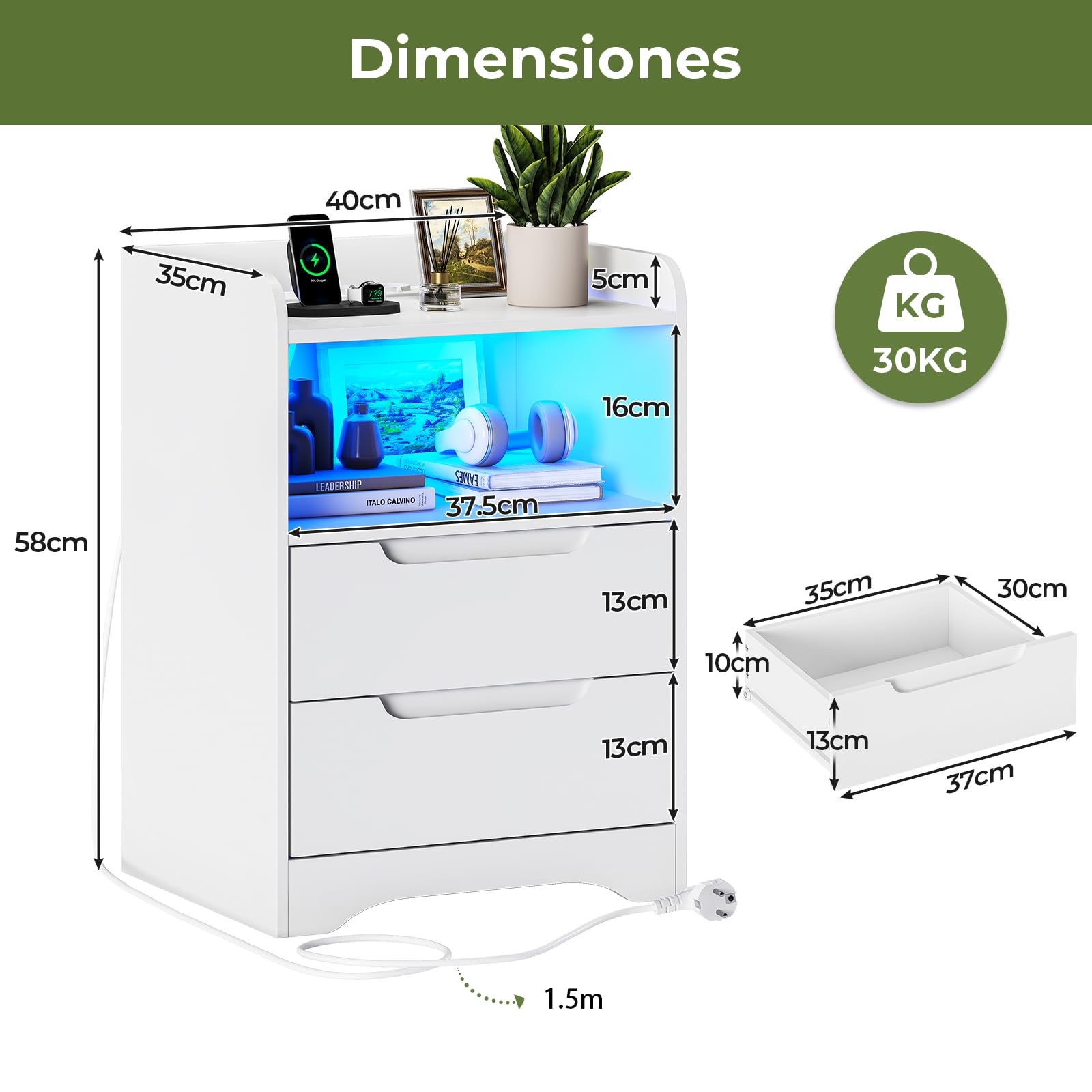Brinlawb Juego de 2 Mesitas de Noche con luces LED y Estación de Carga (2 Tomas AC, 2 Puertos USB) Mesita de Noche Blanca Mesas Auxiliares con 1 compartimento abierto y 2 cajones para Dormitorio Salón