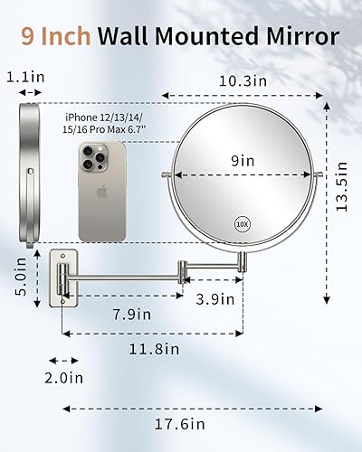 Miniatura 2 de Benbilry Espejo de maquillaje montado en la pared de 9 pulgadas, aumento 1X10X de doble cara, espejo de baño extensible giratorio de 360, espejo de
