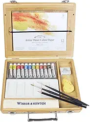 Winsor & Newton Conjunto de Aquarela Profissional , Caixa de Bambu, 12 Aquarelas Resistentes à luz em tubos de 5 ml, 2 Pincéis, Bloco A5,+ Paleta de Mistura e Acessórios
