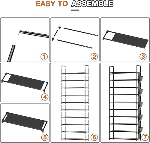 Miniatura 6 de LUKYTOWER Zapatero alto estrecho de 10 niveles para zapatero de armario, estante de almacenamiento para zapatos con 5 ganchos, estante de zapatos de