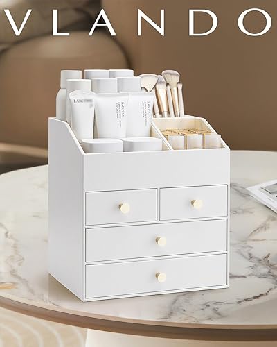 Miniatura 8 de Vlando Organizador de maquillaje para encimera, organizador de tocador grande, de piel sintética, con 4 cajones, organizador de cuidado de la piel,