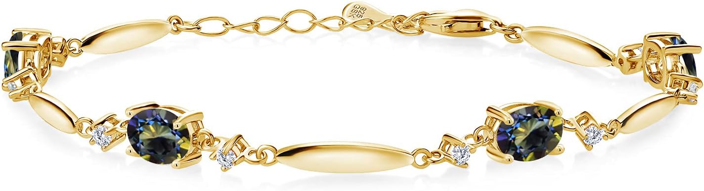 Gem Stone King 18K Yellow Gold Plated Silver Gemstone Birthstone and White Moissanite Tennis Bracelet For Women | Oval 7X5MM and 2MM | 6 Inch + 1 Inch Extender | Fine Jewelry for Her Mom Wife