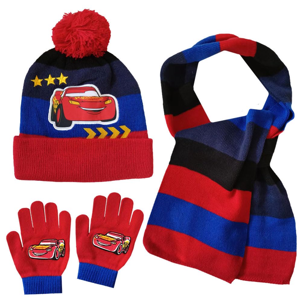 CHENGLILightning Car Winter Set - Hat, Gloves, Scarf for Kids - Cartoon Racing Car Design - Warm Outdoor Cold Weather Gear - Red, One Size