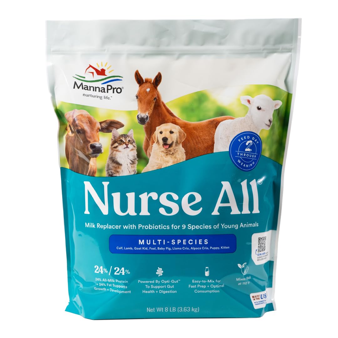 Manna Pro Nurse All Multi-Species Milk Replacer, Powered by Opti-Gut™ to Support Gut Health & Digestion, All-Milk Protein, Easy-To-Mix Formula, 8 Pounds