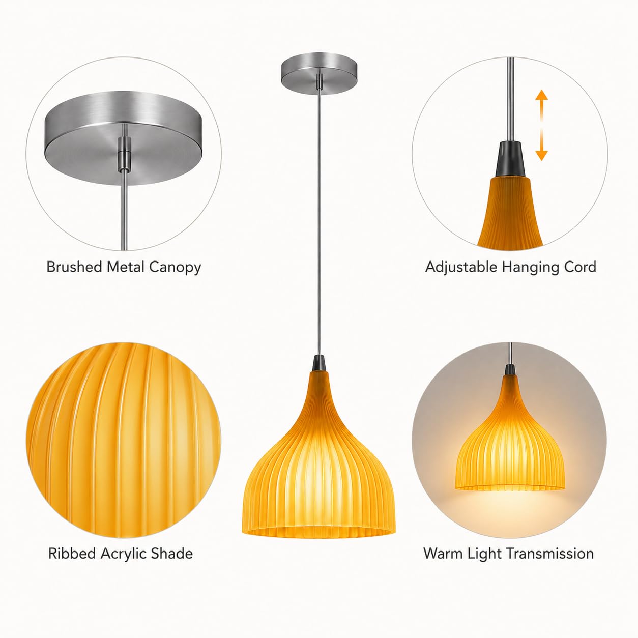 Ceramiczna lampa wisząca, żółty żebrowany klosz dzwonkowy z metalową rozetą, gniazdo E27, regulowany kabel 120 cm, idealny na wyspę kuchenną, jadalnię, sypialnię, korytarz i e