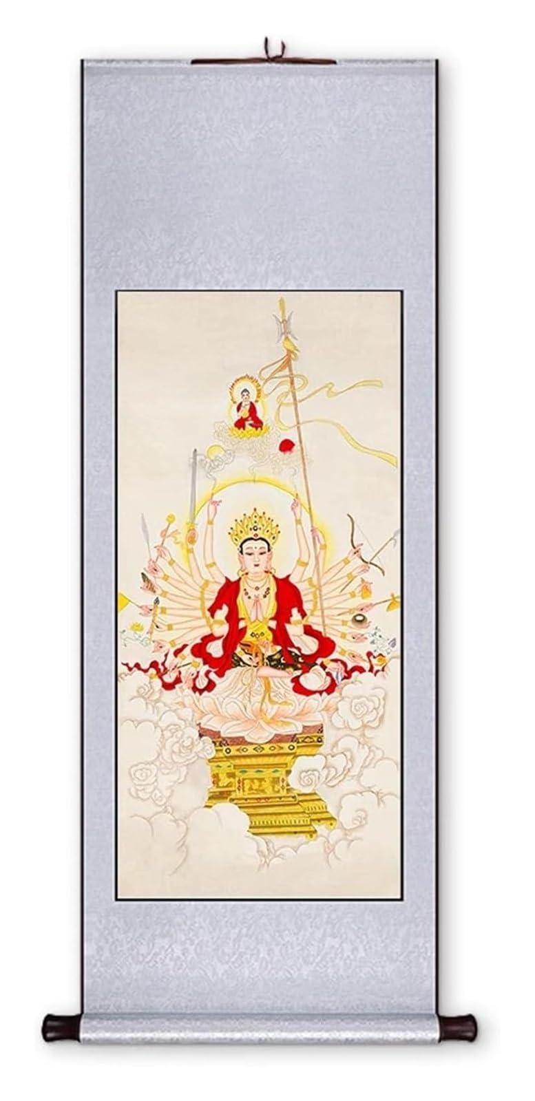Pomyślny obraz zwoju Guanyin, starożytna chińska poza bóstwa, dekoracja muzeum Feng Shui, kolekcja prezentów urodzinowych(Silvergrey C,79L x 186W cm)