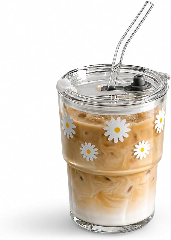 Olvini 13oz Glass Tumbler with Straw and Lid, Reusable Iced Coffee Cup Tumbler, Cute Glass Cups for Water, Matcha, Travel Coffee Mugs (Daisy)