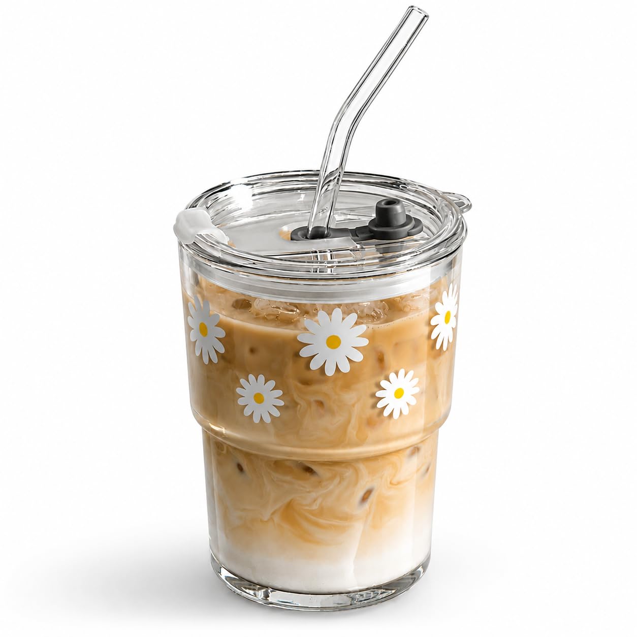 Olvini 391ml Glass Drinking Cup with Straw and Lid, Reusable Travel Cup for Water, Matcha and Coffee (Daisy)