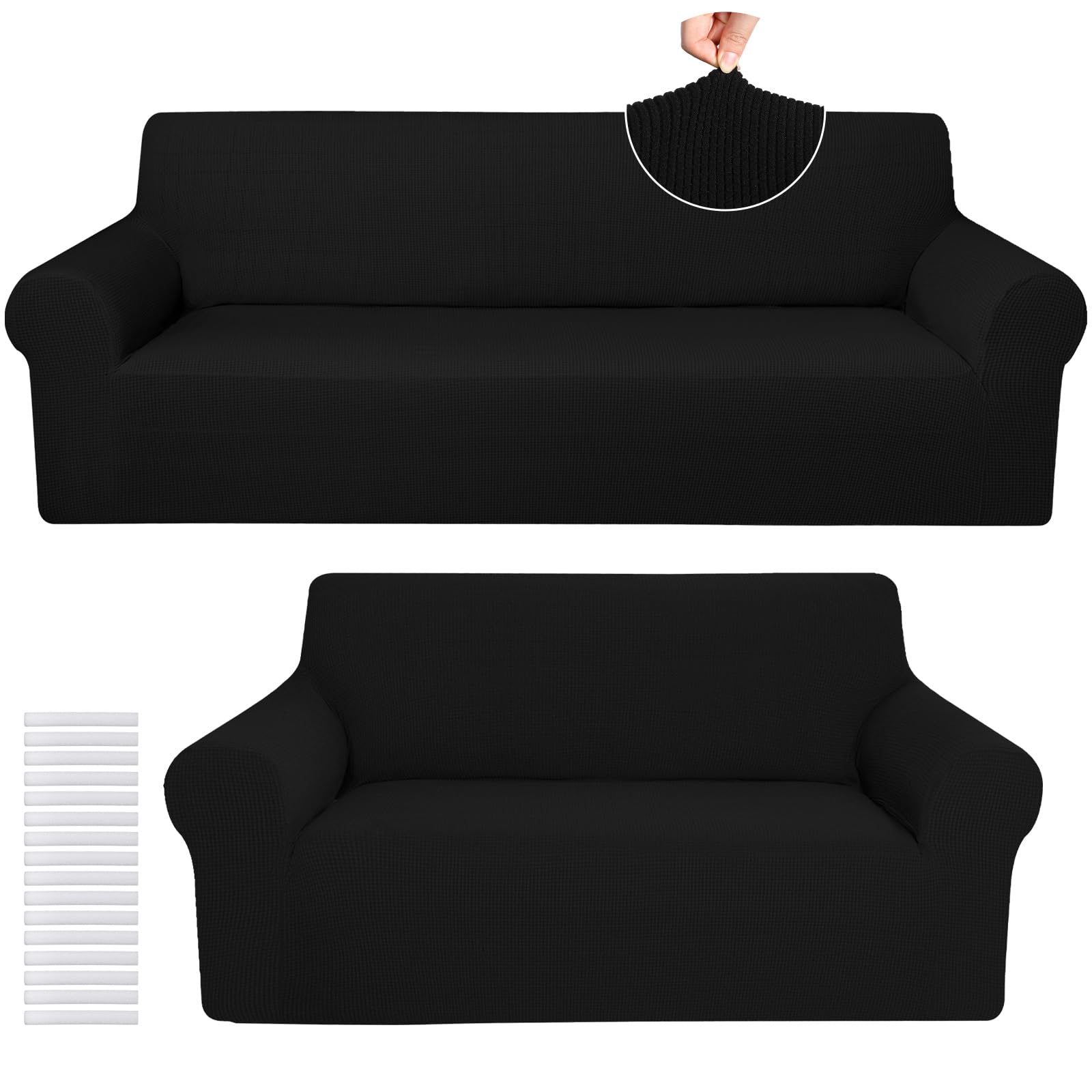 Peryiter 2 Pcs Sofa Covers Couch and Loveseat Covers Set Stretch Sofa Slipcover for Living Room Armchair Furniture Protector, Wrinkle Proof(Black,