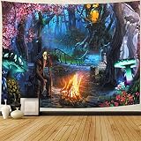 NTERC Fantasy Forest Tapestry Magic Peach Tree Trippy Mushroom Tapestries 80"x60" Cabin in Woodland