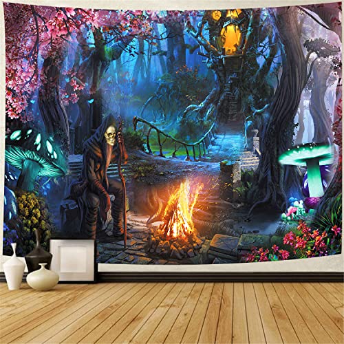 Nterc Fantasy Forest Tapestry Magic Peach Tree Trippy Mushroom Tapestries 80"X60" Cabin In Woodland Petal Old Skeleton Bonfire Aesthetic Wall Hanging Flannel Home Decor Wall Blankets Gtrlrc697 #TOP6