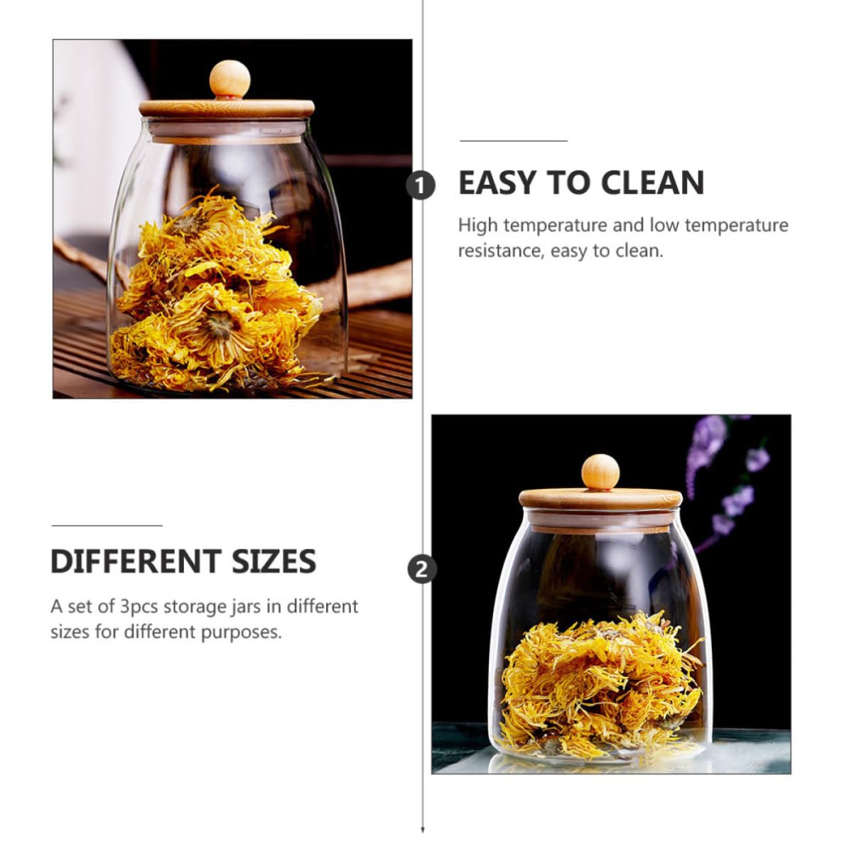 Zerodeko Tarros de Almacenamiento Herméticos de Vidrio y Madera con Tapa, 3 Piezas de Diferentes Tamaños, Diseño Simple para Conservar Alimentos Limpios y Secos en Cocina