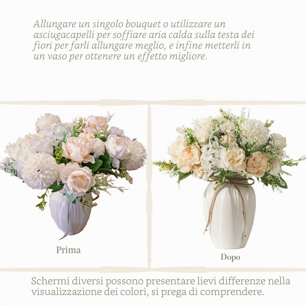 Bouquet di peonie (fiori di hydrangea) artificiali con vaso, in seta, adatto come decorazione per casa, tavola, sala da pranzo (bianco)