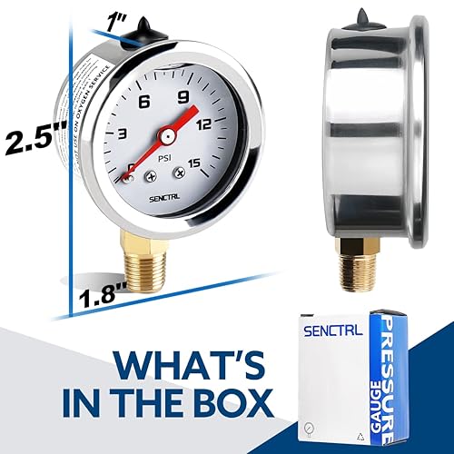 Miniatura 6 de SENCTRL Medidor de presión de combustible de 0-15 psi, tamaño del dial de 1-12", montaje inferior NPT de 18", relleno de aceite de silicona líquido,
