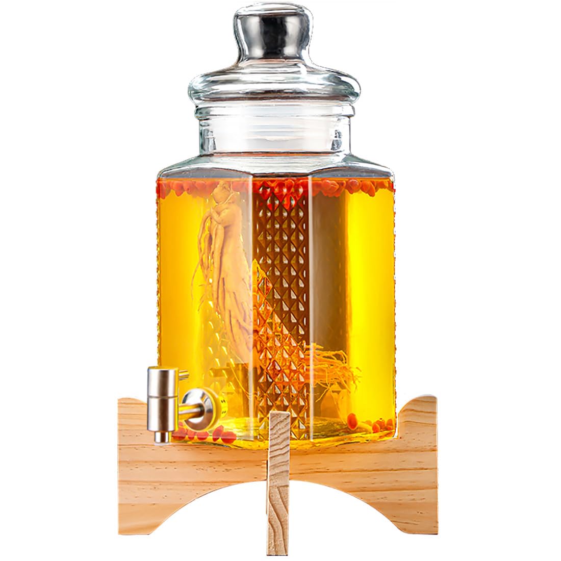 AYCDL 5L Glass Beverage Drink Dispenser with Stainless Steel Spigot Leakproof Cold Drink Juice Container Large Capacity Water Dispenser with Dustproof Glass,10l-stainless Steel Spigot-High Wood Base