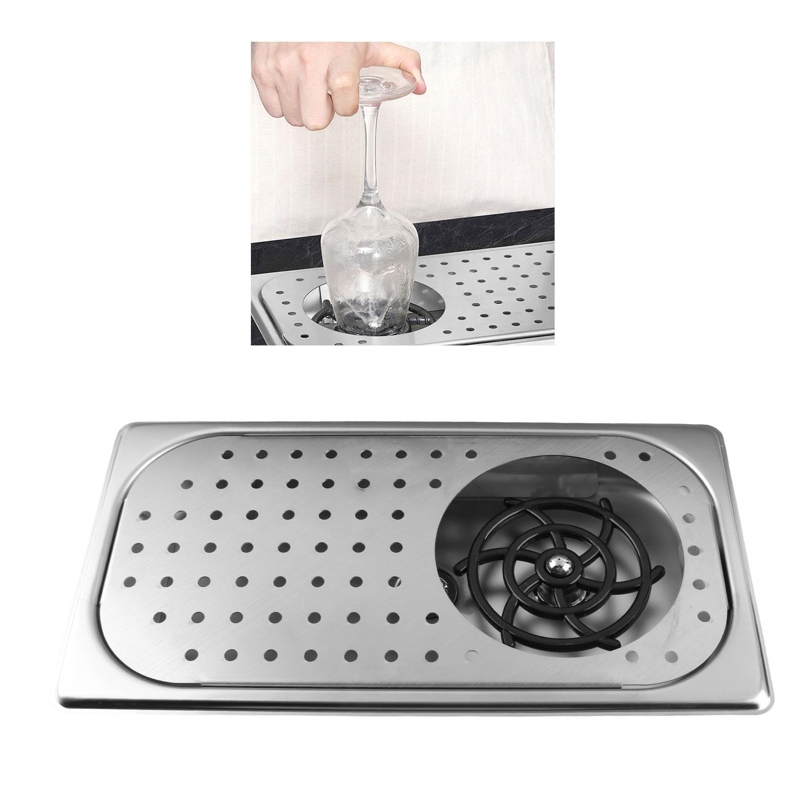 Enjuagadora de Tazas, Bandeja de Drenaje y Goteo Limpieza Automática Eficiente Enjuagadora de Jarras de Acero Inoxidable Multiusos Empotrada para Hotel Cafetería Restaurante (BLACK) (Acero inoxidable)
