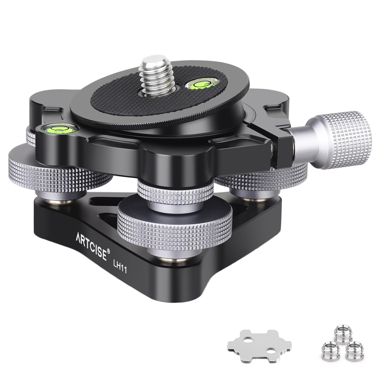 Diameter∅85mm Three-Legged Leveling Base Camera Leveling Machine,Aluminum Adjustable Tripod Head Plate -15°/+15° Tilt, with 3 Bubble Levels and 3 Wheels +/-5 Degree Precision Adjustment Panoramic