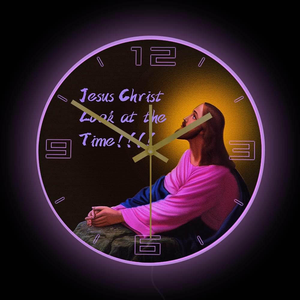 Geek Alerts 12inch Multi Color LED Light Clock, Jesus Christ Look at The Time Acrylic Frame Wall Clock Silent Operated Quartz Religious Watch for Church Cathedral Baptism Christian Home Decor