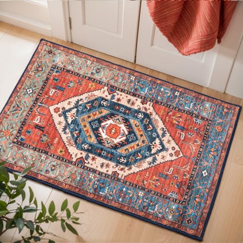 SERISSA Boho Rugs for Entryway, 2x3 Rust Entryway Rug Non-Slip Washable Small Area Rug, Ultra Soft Oriental Vintage Low-Pile Indoor Door Mat Floor Carpet for Entrance Bedroom Kitchen Bathroom