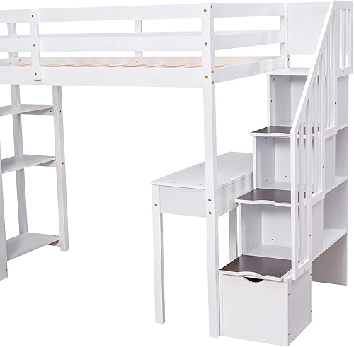 Miniatura 7 de JIVOIT Base de cama de madera doble loft con escritorio integrado y escaleras de almacenamiento cama alta de almacenamiento con 4 cajones y estantes