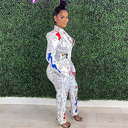 Womens Sexy 2 Pieces Graffiti Print Blazer Suit Pants Set Nightclub Tracksuit Outfit Set2