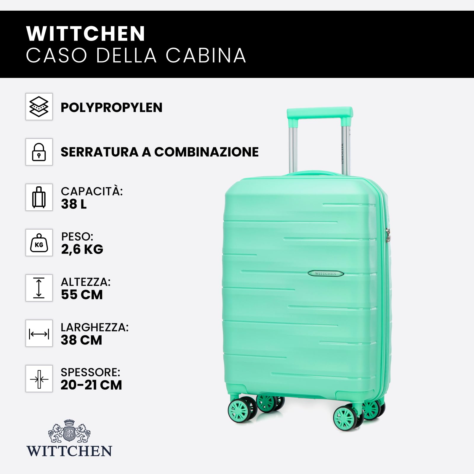 WITTCHEN ARCO Line | Trolley da cabina Bagaglio a mano Valigia piccola | Bagaglio leggero Polipropilene Lucchetto TSA Manico telescopico | 4 ruote piroettanti | Verde